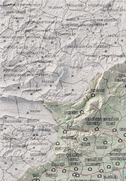 Mapa de relieve del Rosselló, con el territorio en color y el entorno en blanco. Detalle de la zona superior izquierda. 21 × 30 cm. Estilo Cartográfico.