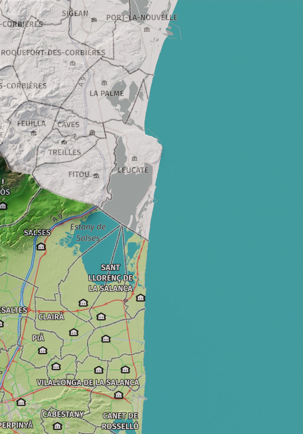 Mapa de relieve del Rosselló, con el territorio en color y el entorno en blanco. Detalle de la zona superior derecha. 21 × 30 cm. Estilo Clásico.