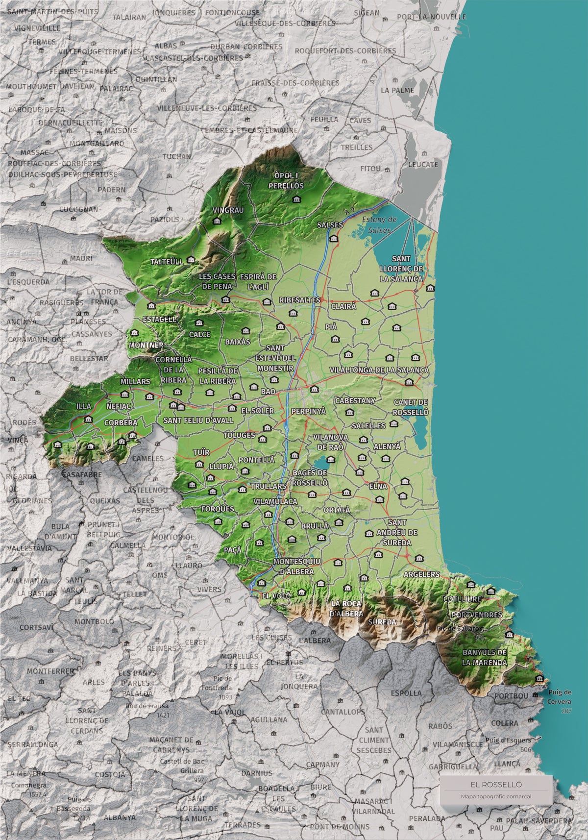 Mapa de relieve del Rosselló, con el territorio en color y el entorno en blanco. Vista completa de la lámina. 21 × 30 cm. Estilo Clásico.