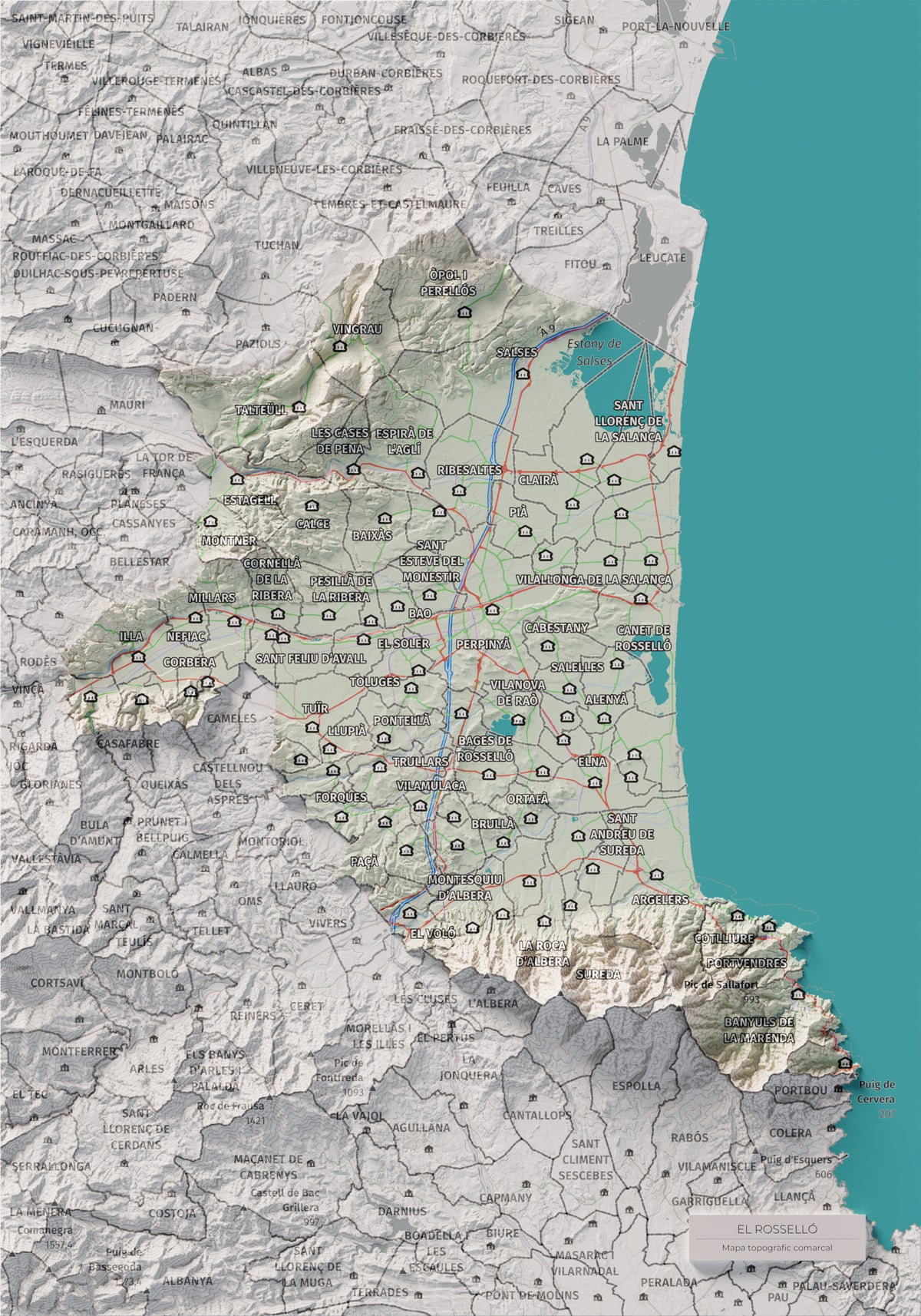 Mapa de relieve del Rosselló, con el territorio en color y el entorno en blanco. Vista completa de la lámina. 21 × 30 cm. Estilo Cartográfico.
