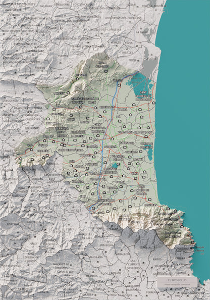 Mapa de relieve del Rosselló, con el territorio en color y el entorno en blanco. Vista completa de la lámina. 21 × 30 cm. Estilo Cartográfico.