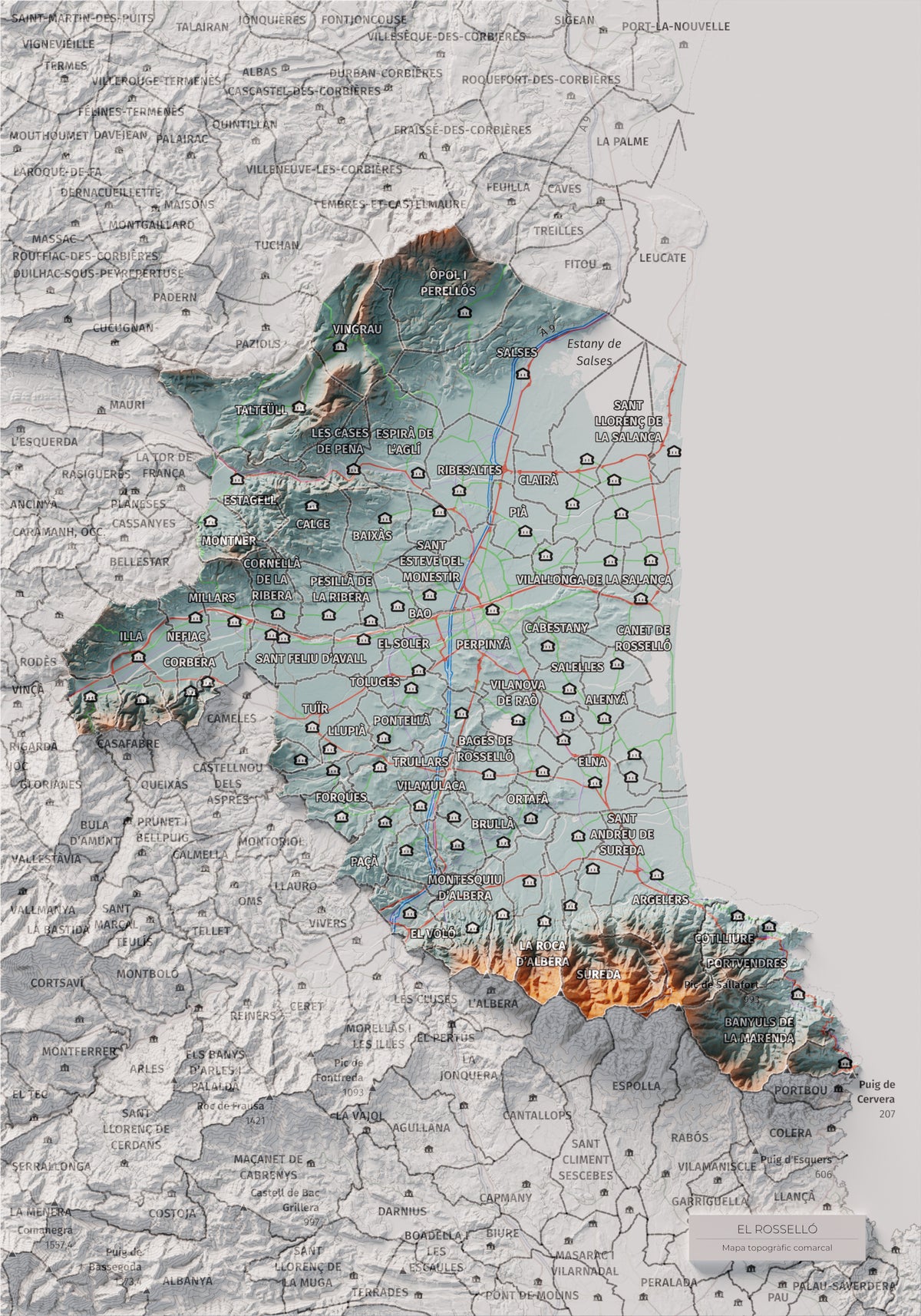 Mapa de relieve del Rosselló, con el territorio en color y el entorno en blanco. Vista completa de la lámina. 21 × 30 cm. Estilo Azul y naranja.