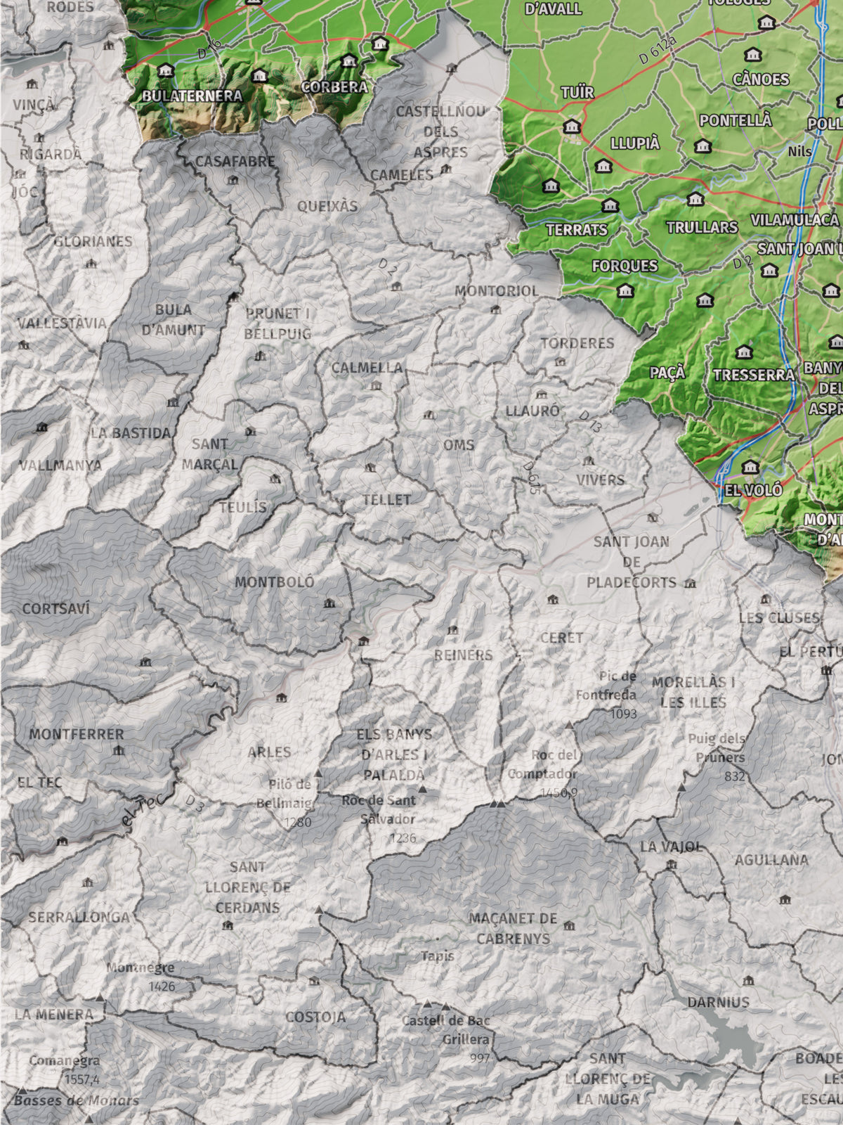 Mapa de relieve del Rosselló, con el territorio en color y el entorno en blanco. Detalle de la zona inferior izquierda. 30 × 40 cm. Estilo Clásico.
