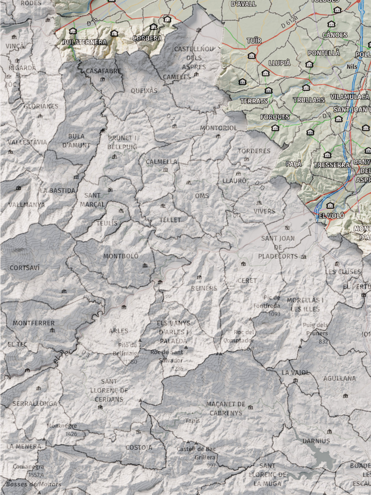 Mapa de relieve del Rosselló, con el territorio en color y el entorno en blanco. Detalle de la zona inferior izquierda. 30 × 40 cm. Estilo Cartográfico.