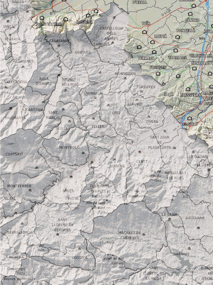 Mapa de relieve del Rosselló, con el territorio en color y el entorno en blanco. Detalle de la zona inferior izquierda. 30 × 40 cm. Estilo Cartográfico.