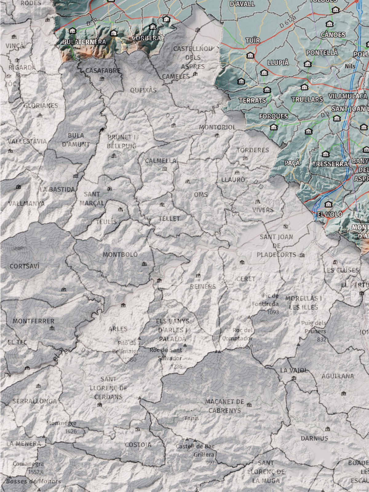 Mapa de relieve del Rosselló, con el territorio en color y el entorno en blanco. Detalle de la zona inferior izquierda. 30 × 40 cm. Estilo Azul y naranja.