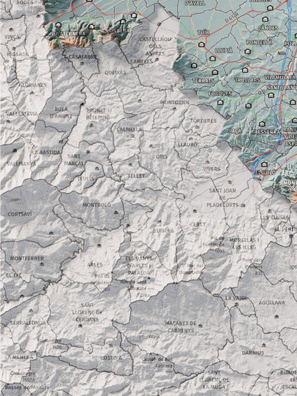 Mapa de relieve del Rosselló, con el territorio en color y el entorno en blanco. Detalle de la zona inferior izquierda. 30 × 40 cm. Estilo Azul y naranja.