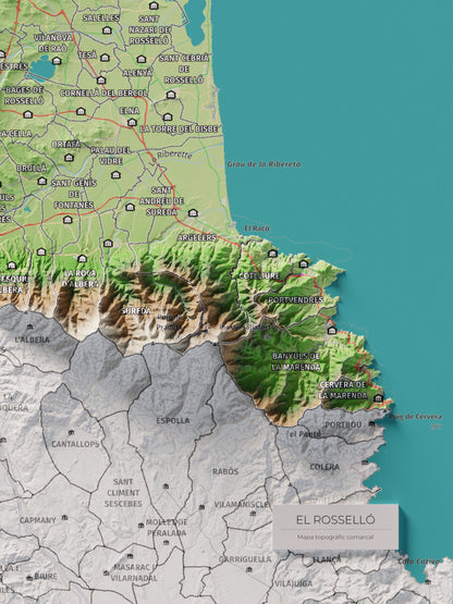 Mapa de relieve del Rosselló, con el territorio en color y el entorno en blanco. Detalle de la zona inferior derecha. 30 × 40 cm. Estilo Clásico.