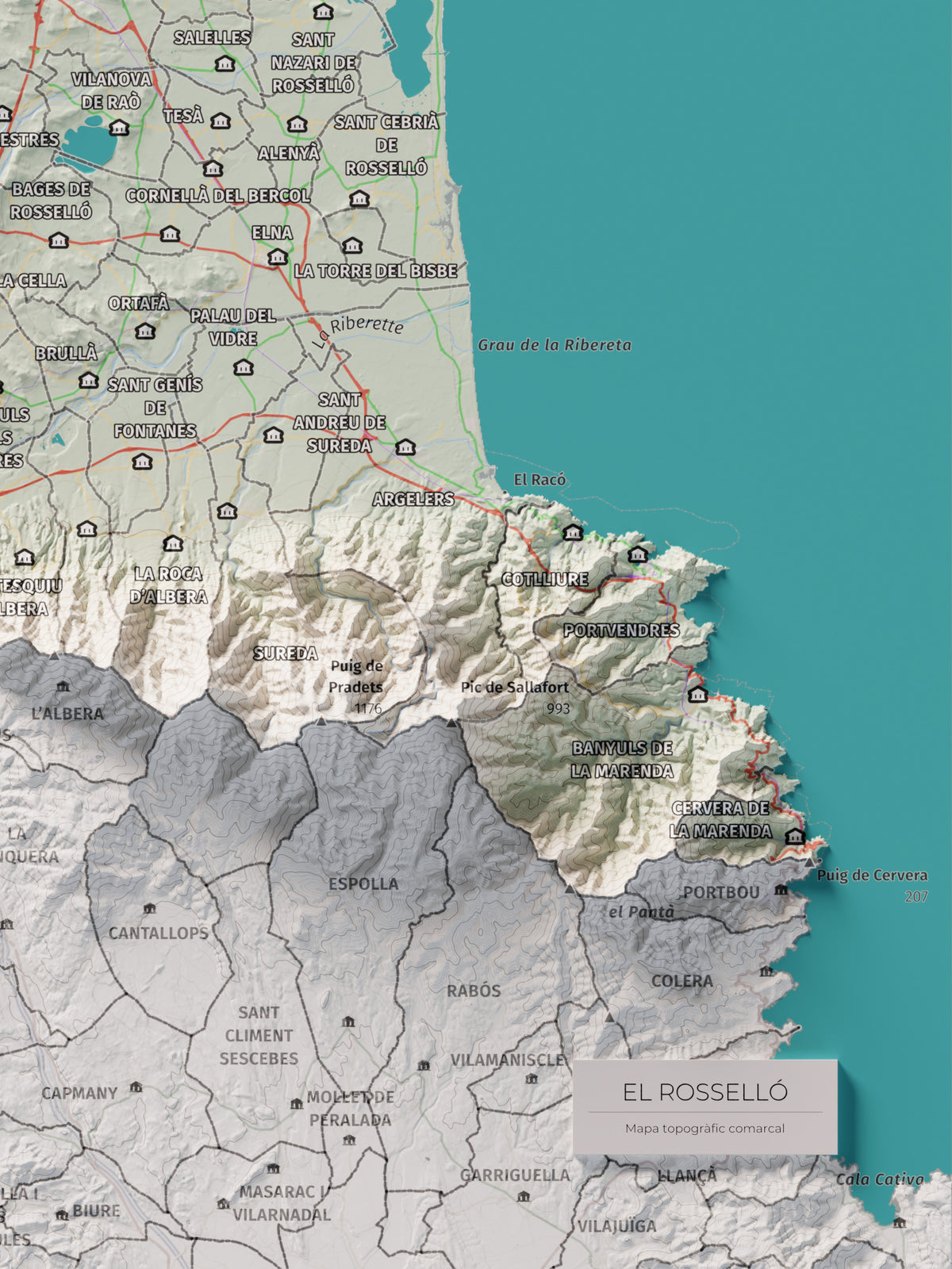 Mapa de relieve del Rosselló, con el territorio en color y el entorno en blanco. Detalle de la zona inferior derecha. 30 × 40 cm. Estilo Cartográfico.