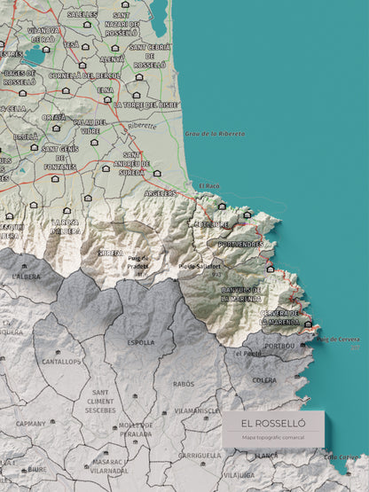 Mapa de relieve del Rosselló, con el territorio en color y el entorno en blanco. Detalle de la zona inferior derecha. 30 × 40 cm. Estilo Cartográfico.