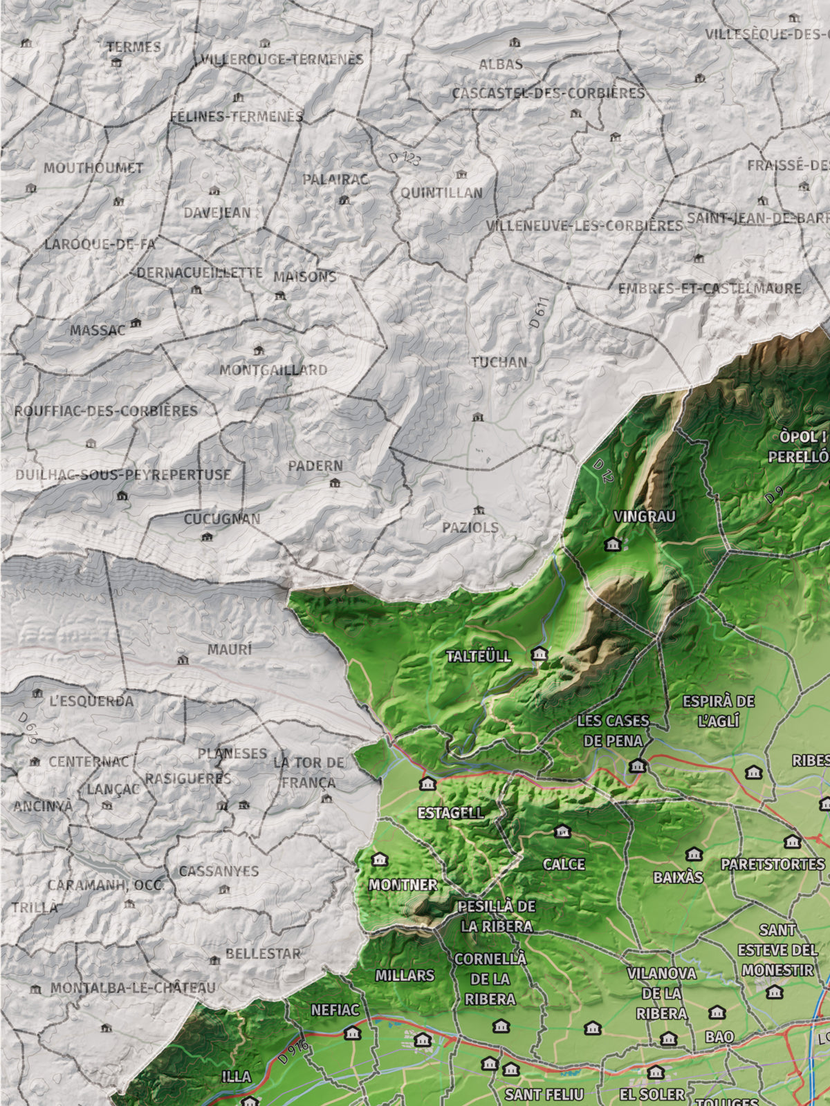 Mapa de relieve del Rosselló, con el territorio en color y el entorno en blanco. Detalle de la zona superior izquierda. 30 × 40 cm. Estilo Clásico.
