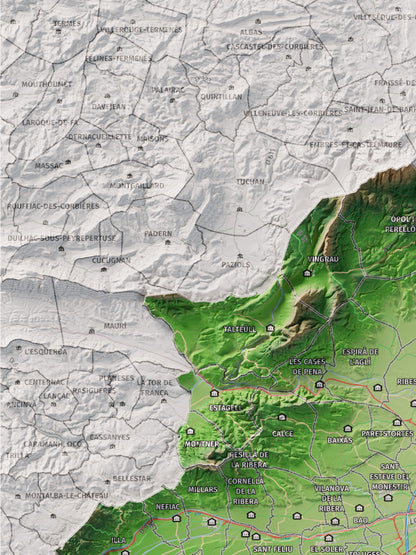 Mapa de relieve del Rosselló, con el territorio en color y el entorno en blanco. Detalle de la zona superior izquierda. 30 × 40 cm. Estilo Clásico.