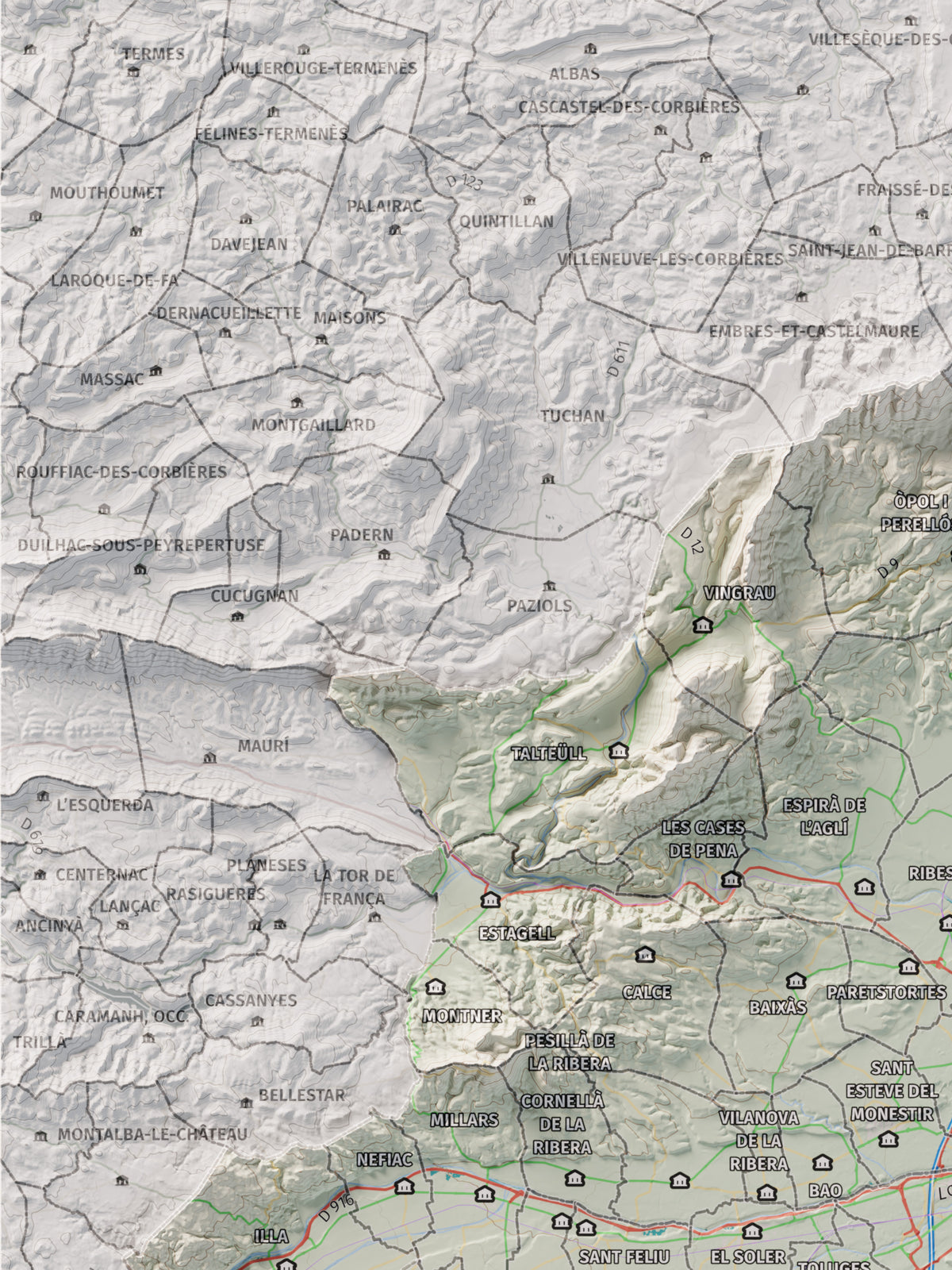 Mapa de relieve del Rosselló, con el territorio en color y el entorno en blanco. Detalle de la zona superior izquierda. 30 × 40 cm. Estilo Cartográfico.