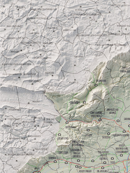 Mapa de relieve del Rosselló, con el territorio en color y el entorno en blanco. Detalle de la zona superior izquierda. 30 × 40 cm. Estilo Cartográfico.