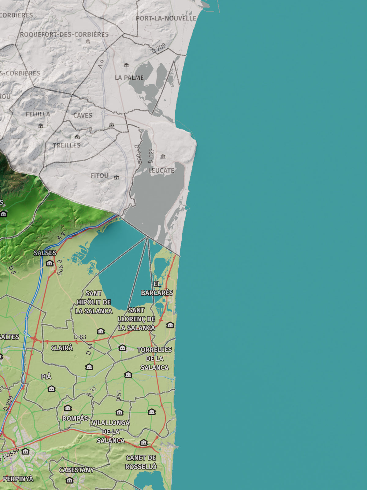 Mapa de relieve del Rosselló, con el territorio en color y el entorno en blanco. Detalle de la zona superior derecha. 30 × 40 cm. Estilo Clásico.