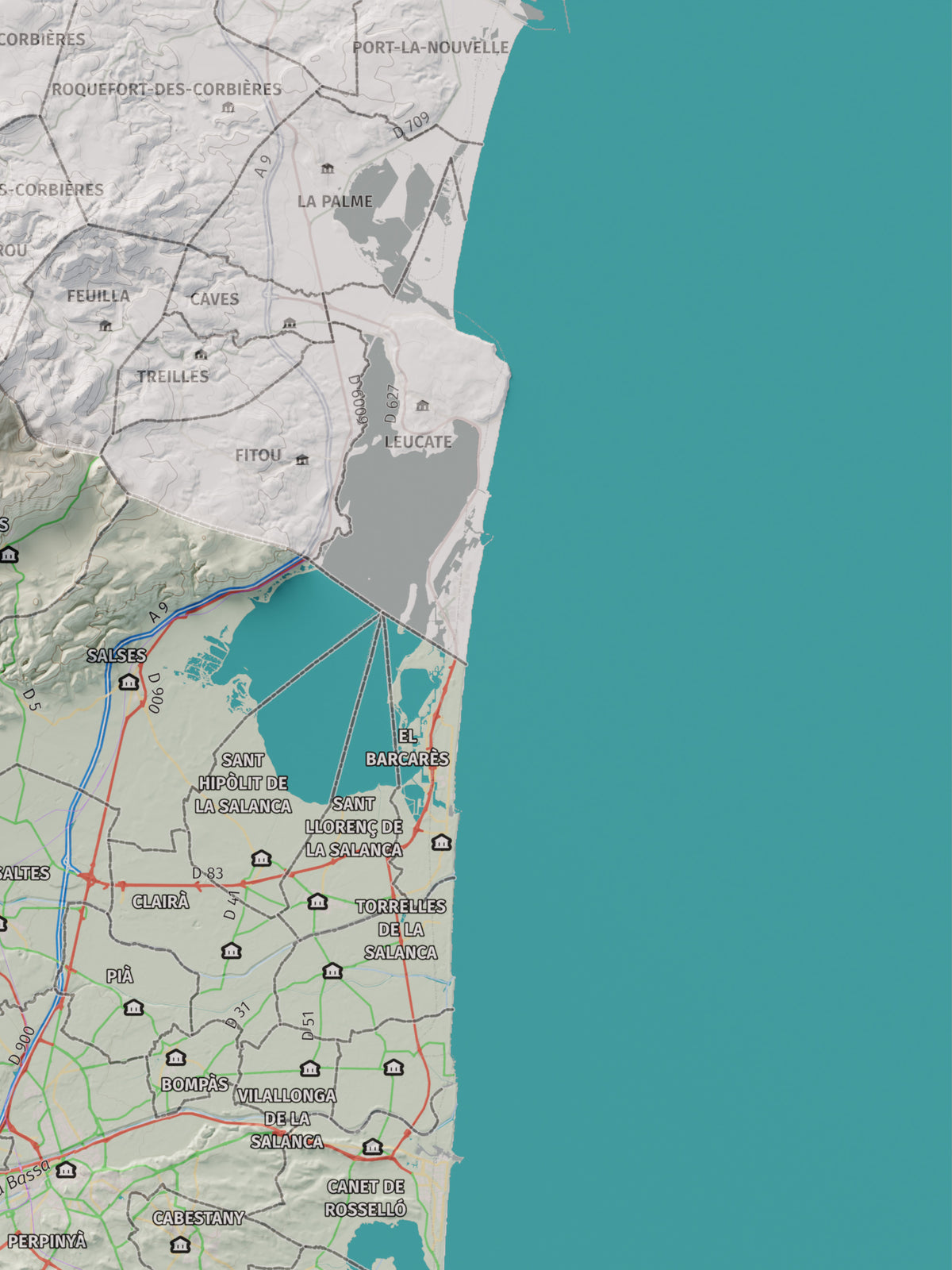 Mapa de relieve del Rosselló, con el territorio en color y el entorno en blanco. Detalle de la zona superior derecha. 30 × 40 cm. Estilo Cartográfico.