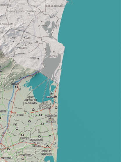 Mapa de relieve del Rosselló, con el territorio en color y el entorno en blanco. Detalle de la zona superior derecha. 30 × 40 cm. Estilo Cartográfico.