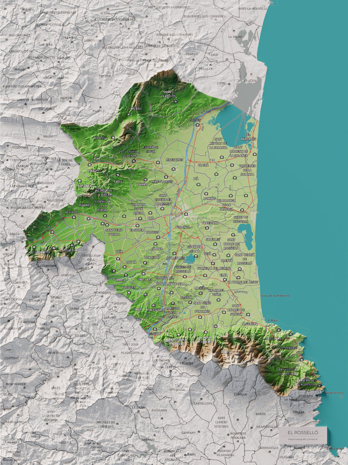Mapa de relieve del Rosselló, con el territorio en color y el entorno en blanco. Vista completa de la lámina. 30 × 40 cm. Estilo Clásico.