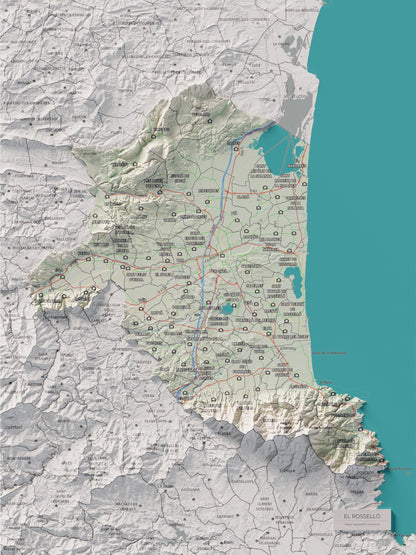 Mapa de relieve del Rosselló, con el territorio en color y el entorno en blanco. Vista completa de la lámina. 30 × 40 cm. Estilo Cartográfico.