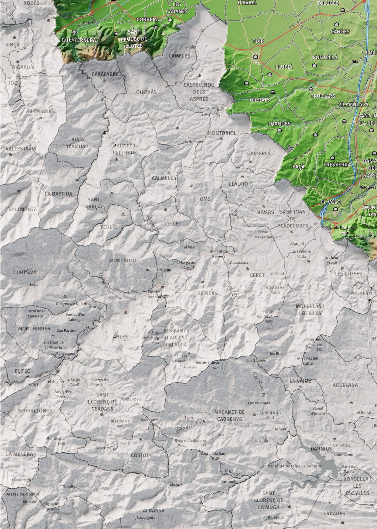 Mapa de relieve del Rosselló, con el territorio en color y el entorno en blanco. Detalle de la zona inferior izquierda. 50 × 70 cm. Estilo Clásico.
