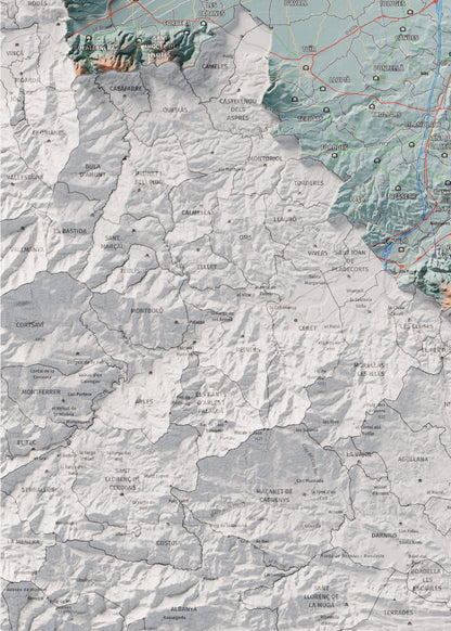 Mapa de relieve del Rosselló, con el territorio en color y el entorno en blanco. Detalle de la zona inferior izquierda. 50 × 70 cm. Estilo Azul y naranja.