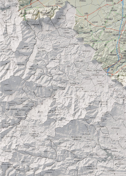 Mapa de relieve del Rosselló, con el territorio en color y el entorno en blanco. Detalle de la zona inferior izquierda. 50 × 70 cm. Estilo Cartográfico.