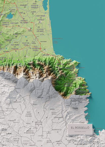 Mapa de relieve del Rosselló, con el territorio en color y el entorno en blanco. Detalle de la zona inferior derecha. 50 × 70 cm. Estilo Clásico.