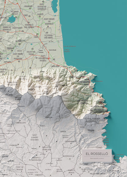 Mapa de relieve del Rosselló, con el territorio en color y el entorno en blanco. Detalle de la zona inferior derecha. 50 × 70 cm. Estilo Cartográfico.