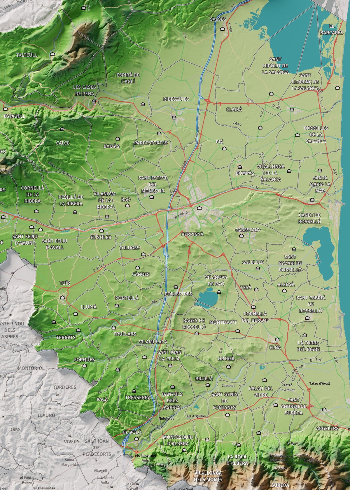 Mapa de relieve del Rosselló, con el territorio en color y el entorno en blanco. Detalle de la zona central. 50 × 70 cm. Estilo Clásico.