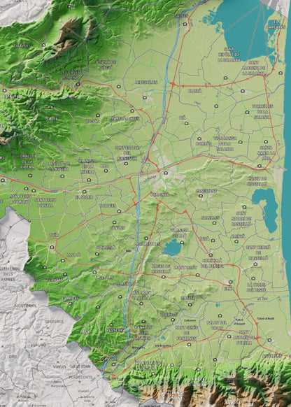 Mapa de relieve del Rosselló, con el territorio en color y el entorno en blanco. Detalle de la zona central. 50 × 70 cm. Estilo Clásico.