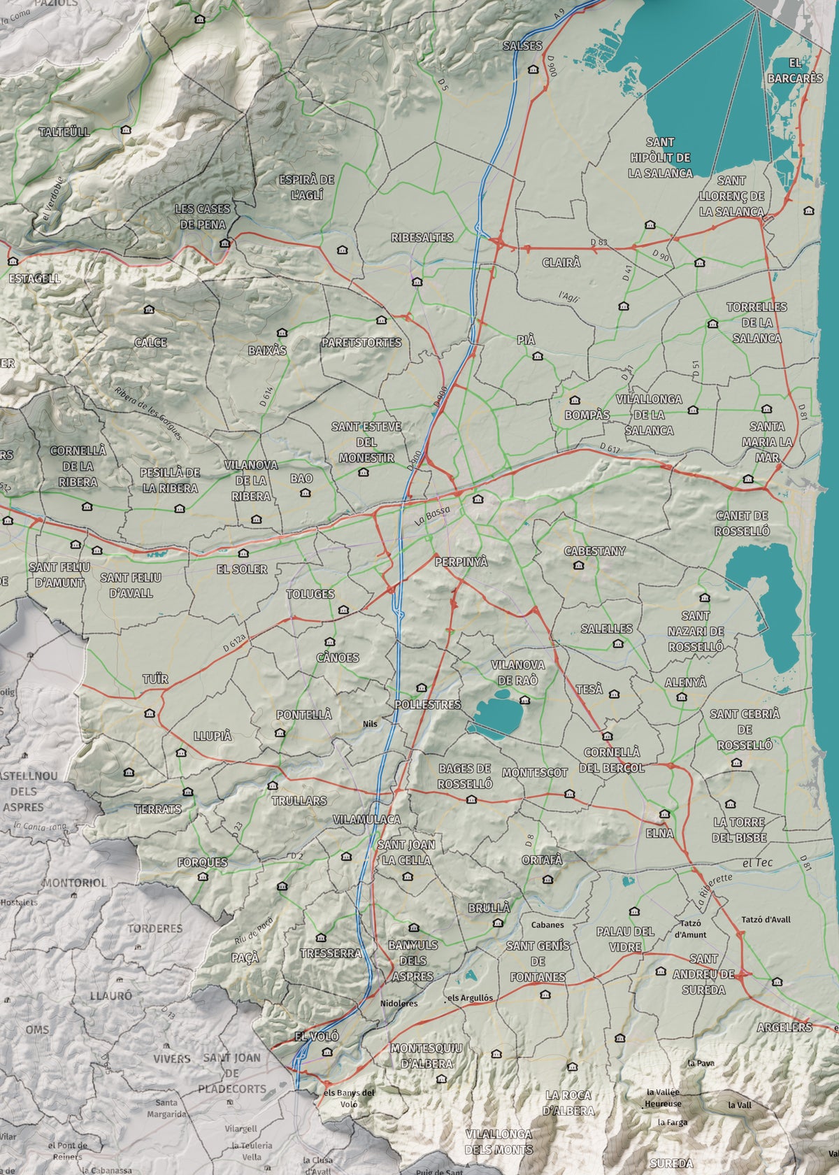 Mapa de relieve del Rosselló, con el territorio en color y el entorno en blanco. Detalle de la zona central. 50 × 70 cm. Estilo Cartográfico.