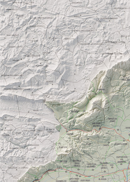 Mapa de relieve del Rosselló, con el territorio en color y el entorno en blanco. Detalle de la zona superior izquierda. 50 × 70 cm. Estilo Cartográfico.