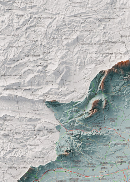 Mapa de relieve del Rosselló, con el territorio en color y el entorno en blanco. Detalle de la zona superior izquierda. 50 × 70 cm. Estilo Azul y naranja.