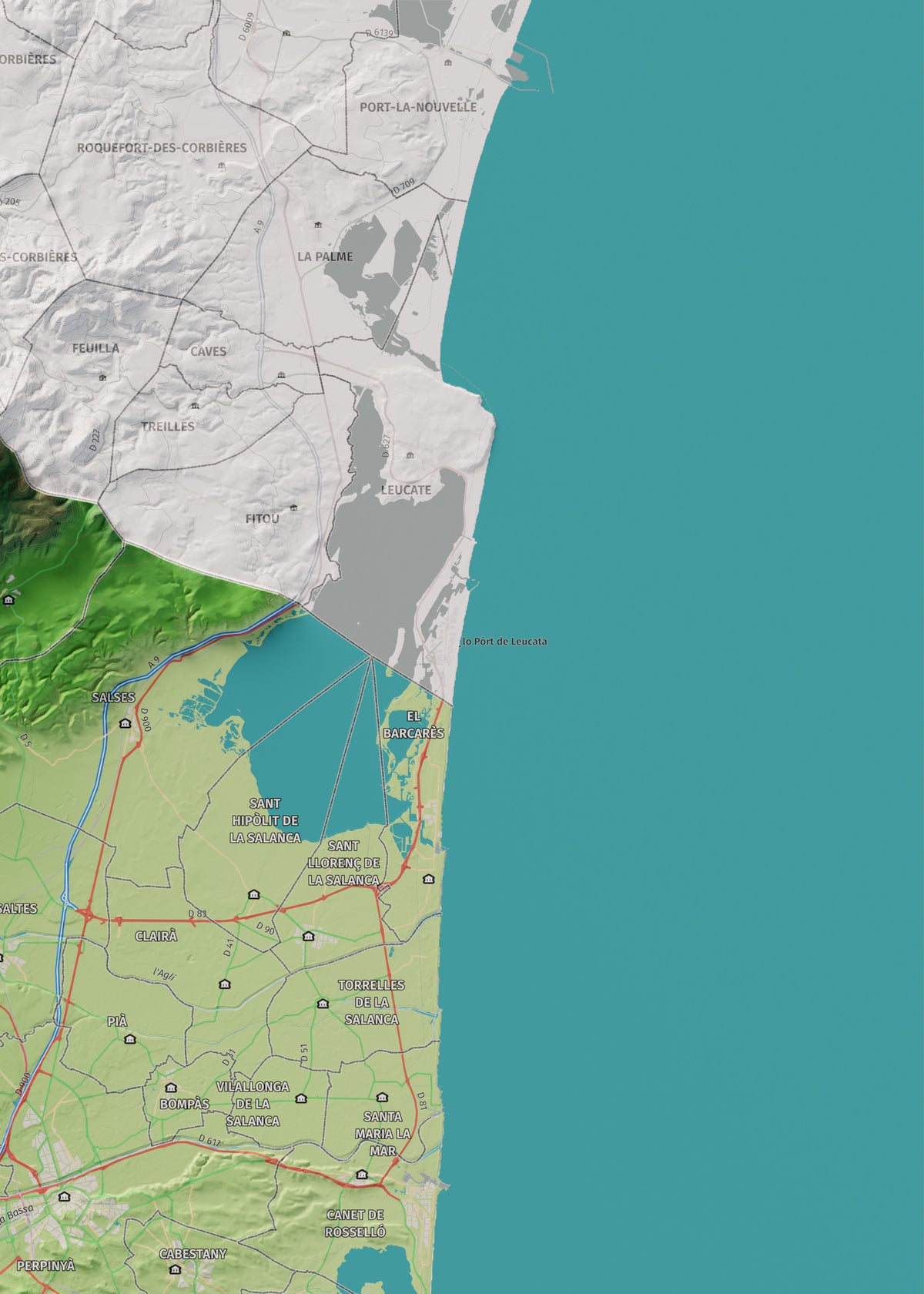 Mapa de relieve del Rosselló, con el territorio en color y el entorno en blanco. Detalle de la zona superior derecha. 50 × 70 cm. Estilo Clásico.