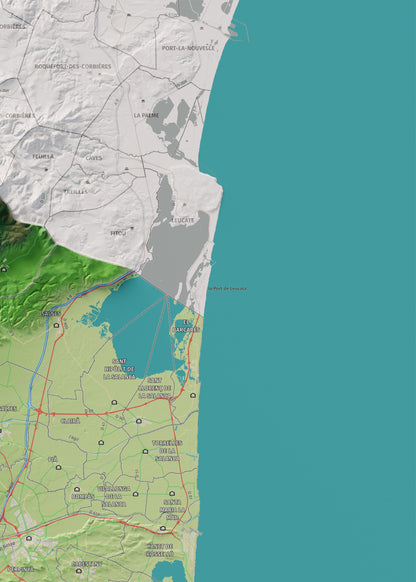 Mapa de relieve del Rosselló, con el territorio en color y el entorno en blanco. Detalle de la zona superior derecha. 50 × 70 cm. Estilo Clásico.