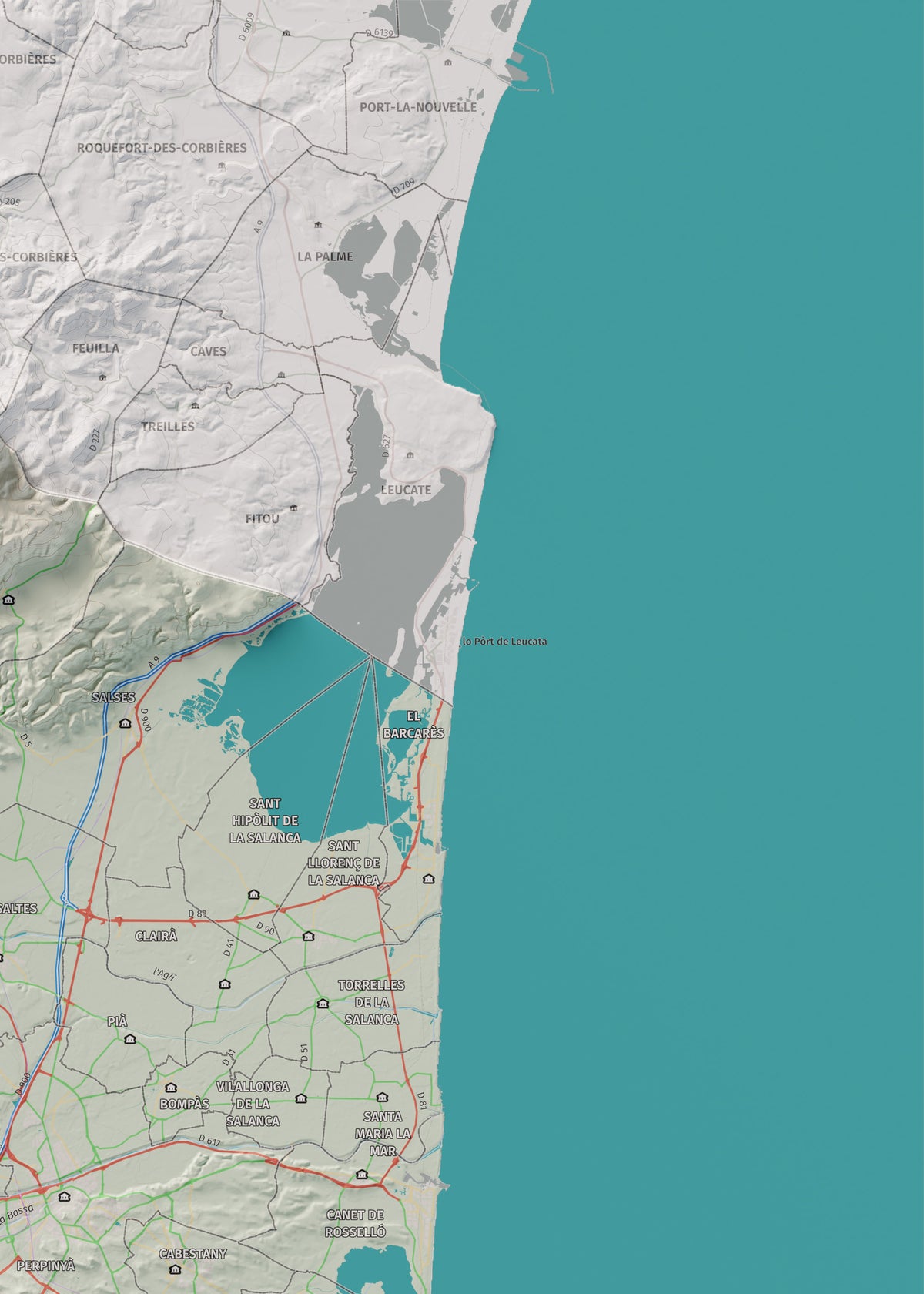 Mapa de relieve del Rosselló, con el territorio en color y el entorno en blanco. Detalle de la zona superior derecha. 50 × 70 cm. Estilo Cartográfico.