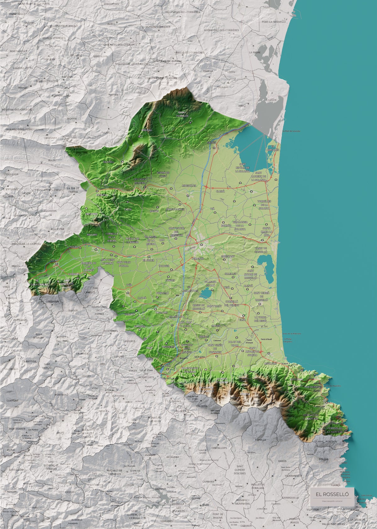 Mapa de relieve del Rosselló, con el territorio en color y el entorno en blanco. Vista completa de la lámina. 50 × 70 cm. Estilo Clásico.