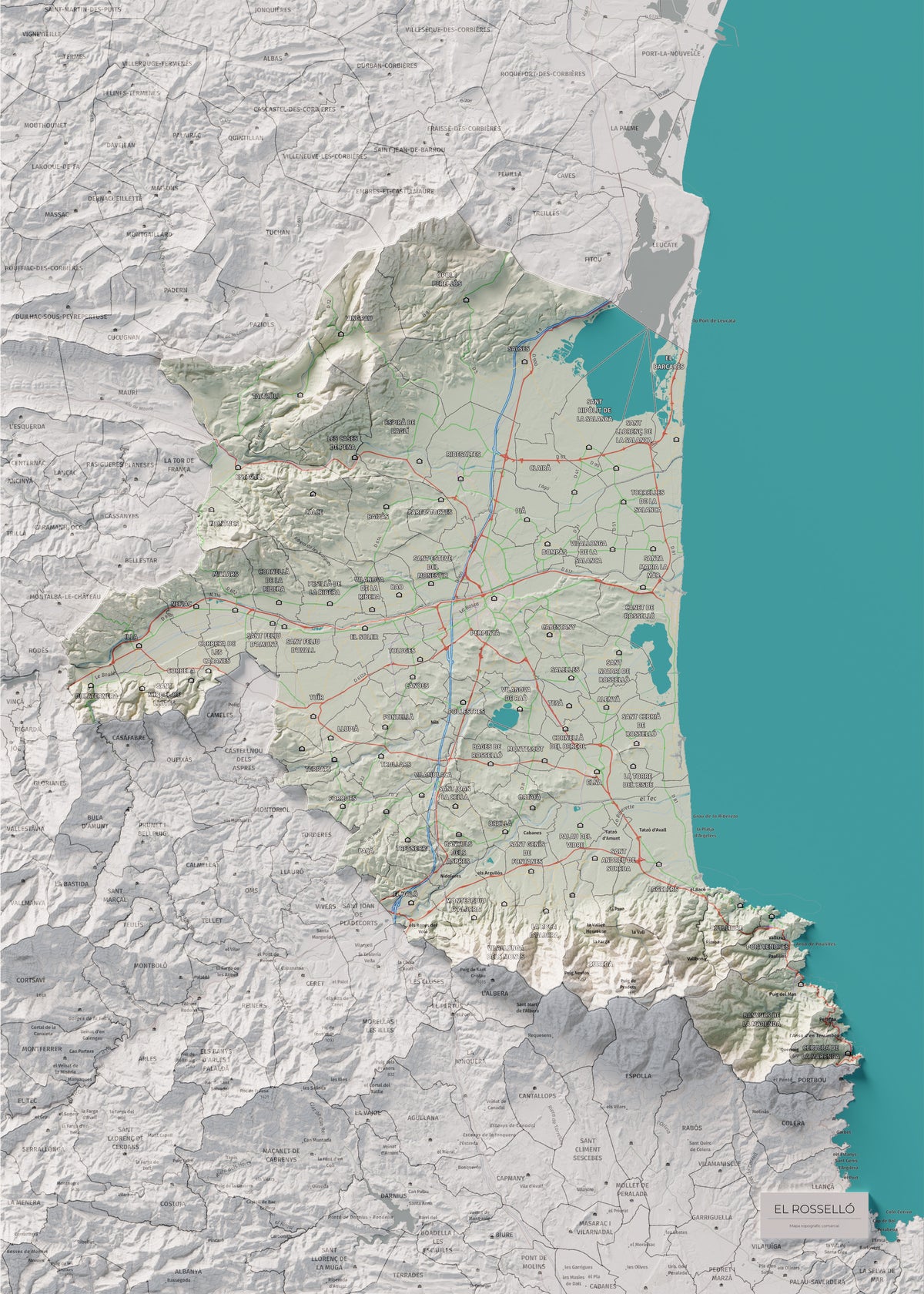 Mapa de relieve del Rosselló, con el territorio en color y el entorno en blanco. Vista completa de la lámina. 50 × 70 cm. Estilo Cartográfico.