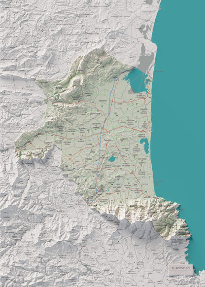 Mapa de relieve del Rosselló, con el territorio en color y el entorno en blanco. Vista completa de la lámina. 50 × 70 cm. Estilo Cartográfico.