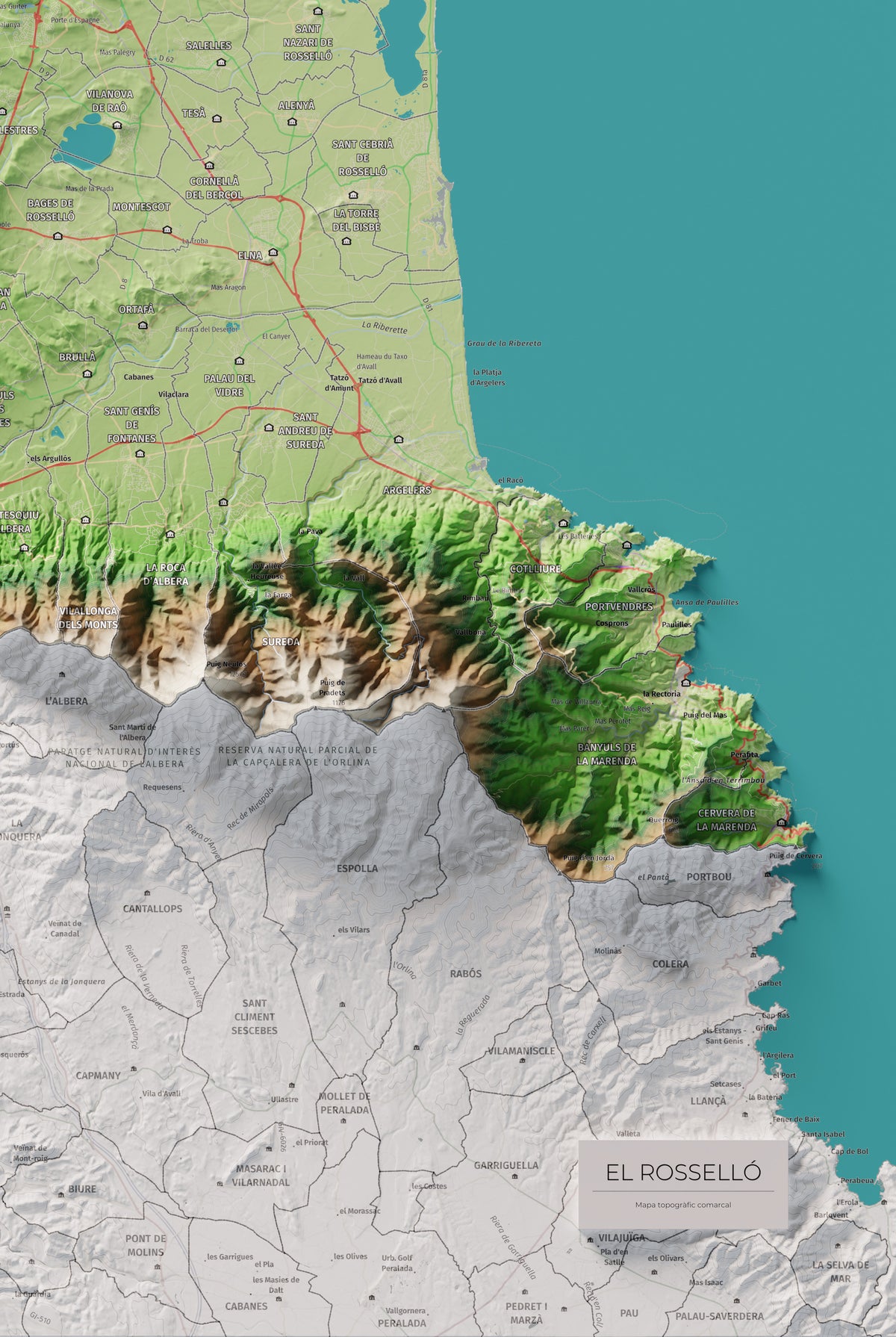 Mapa de relieve del Rosselló, con el territorio en color y el entorno en blanco. Detalle de la zona inferior derecha. 61 × 91 cm. Estilo Clásico.