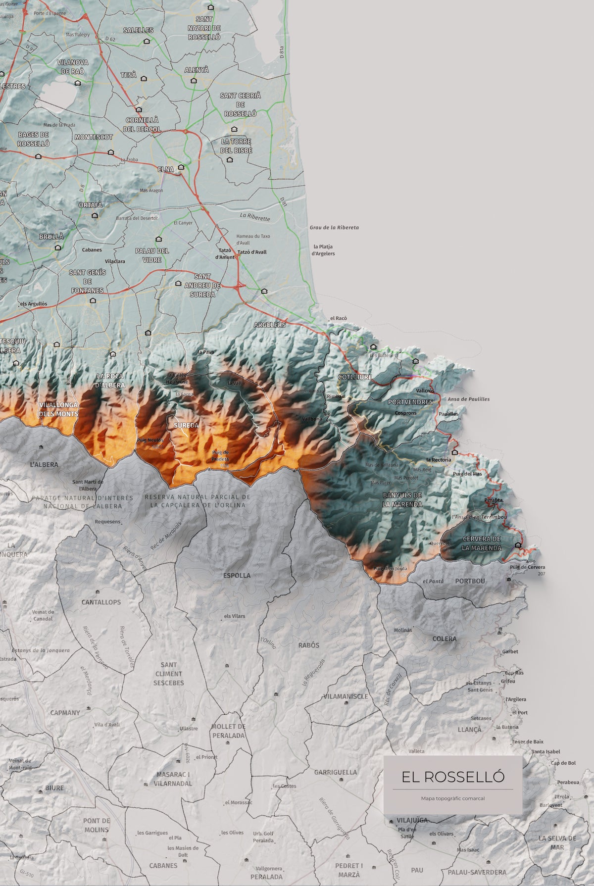 Mapa de relieve del Rosselló, con el territorio en color y el entorno en blanco. Detalle de la zona inferior derecha. 61 × 91 cm. Estilo Azul y naranja.