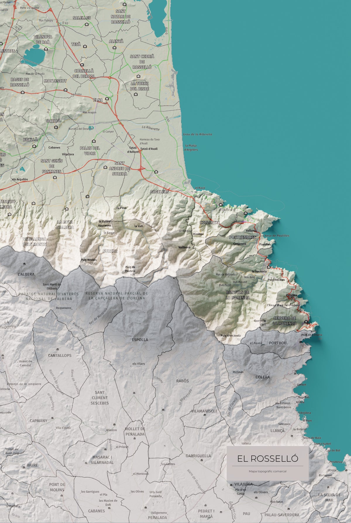Mapa de relieve del Rosselló, con el territorio en color y el entorno en blanco. Detalle de la zona inferior derecha. 61 × 91 cm. Estilo Cartográfico.