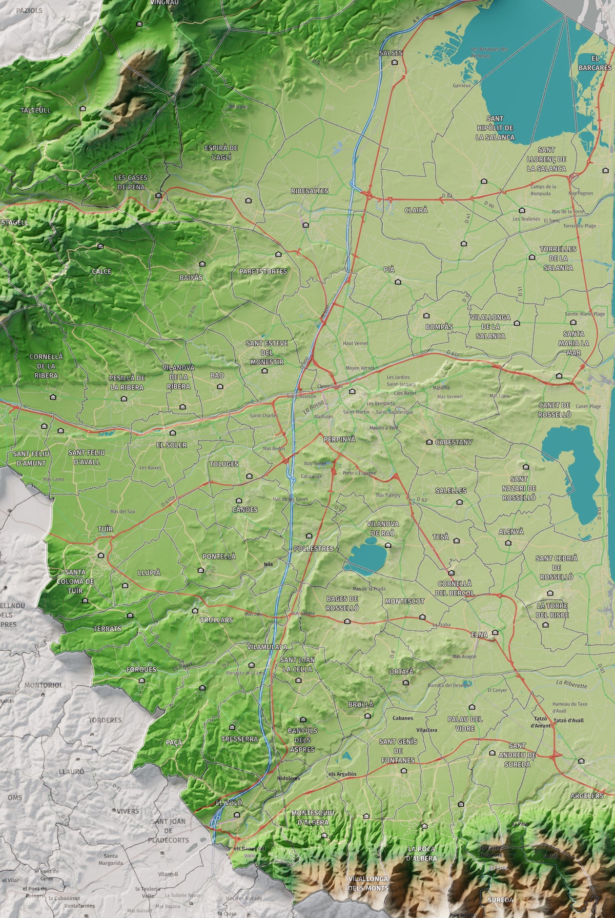 Mapa de relieve del Rosselló, con el territorio en color y el entorno en blanco. Detalle de la zona central. 61 × 91 cm. Estilo Clásico.
