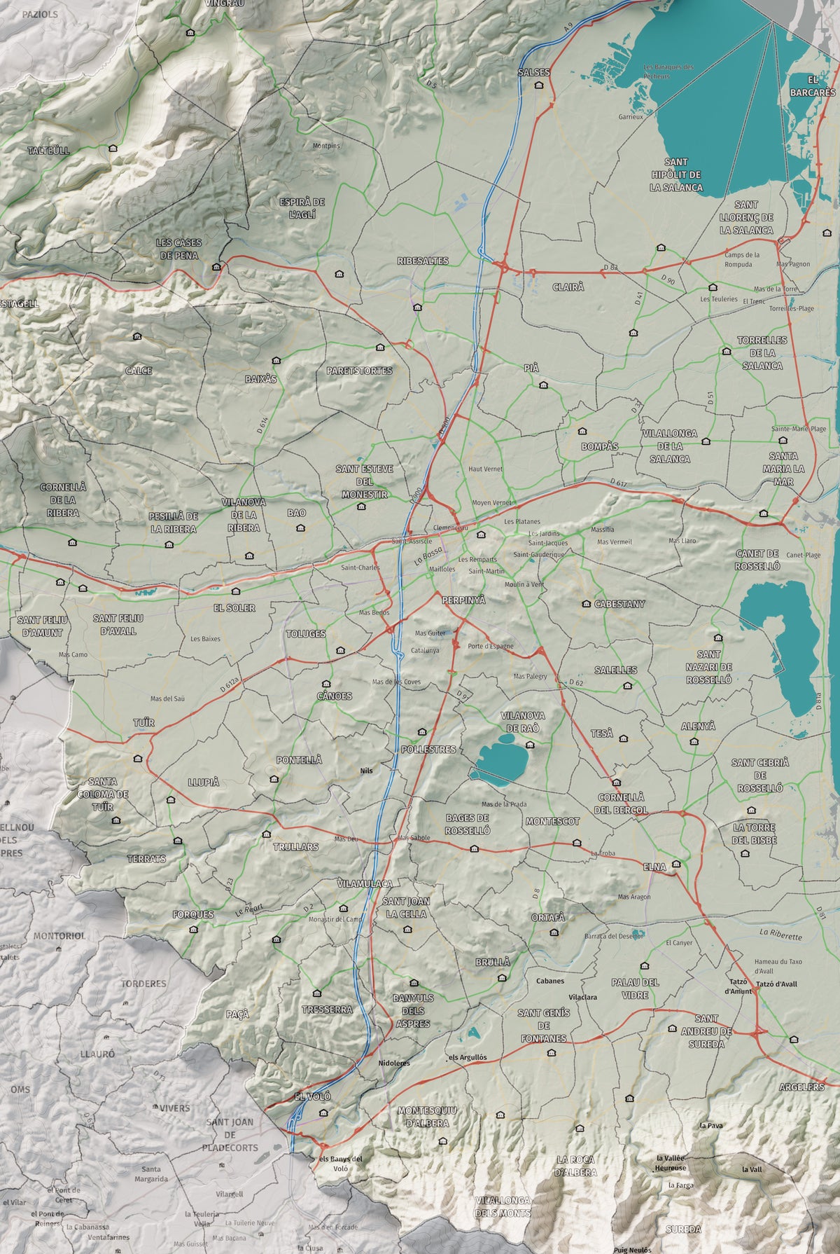 Mapa de relieve del Rosselló, con el territorio en color y el entorno en blanco. Detalle de la zona central. 61 × 91 cm. Estilo Cartográfico.