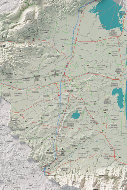 Mapa de relieve del Rosselló, con el territorio en color y el entorno en blanco. Detalle de la zona central. 61 × 91 cm. Estilo Cartográfico.