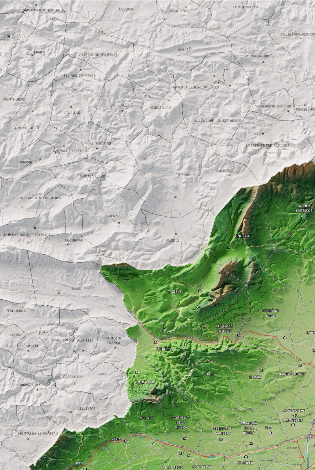 Mapa de relieve del Rosselló, con el territorio en color y el entorno en blanco. Detalle de la zona superior izquierda. 61 × 91 cm. Estilo Clásico.