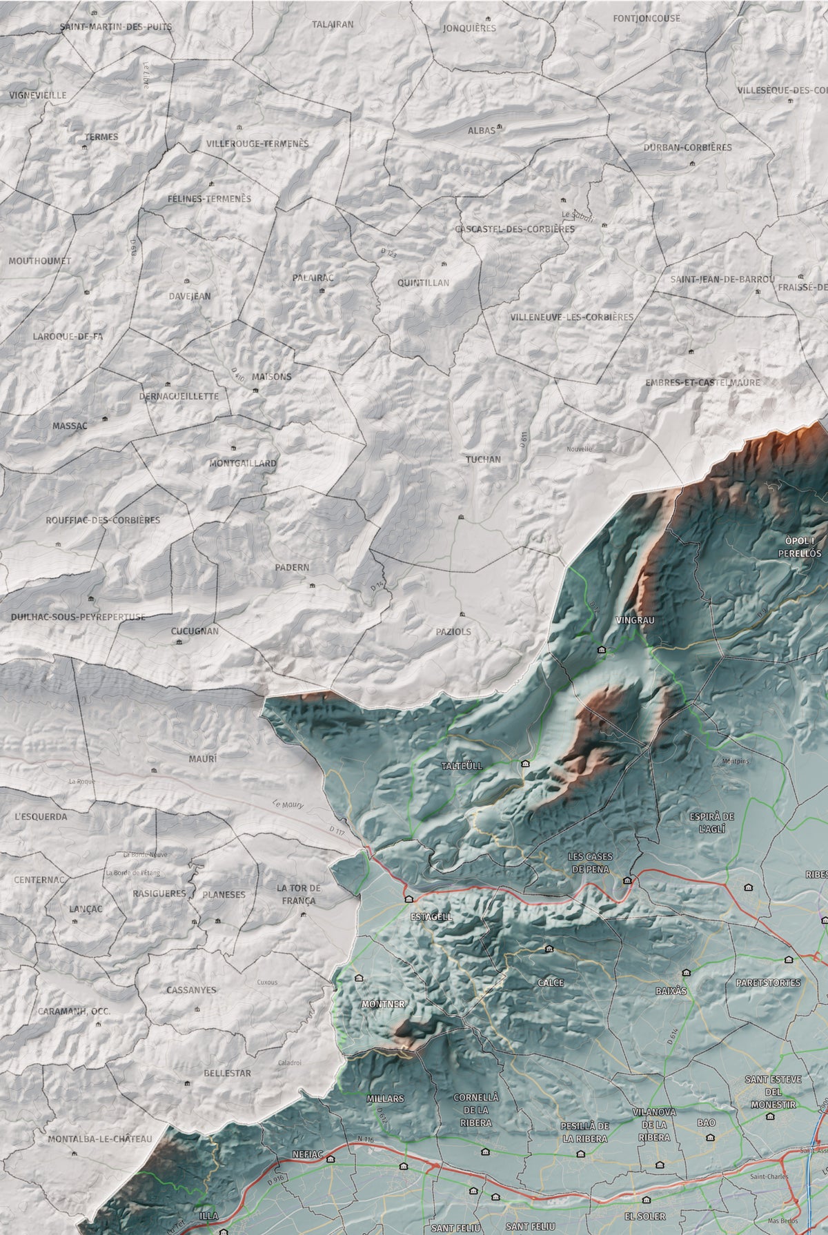 Mapa de relieve del Rosselló, con el territorio en color y el entorno en blanco. Detalle de la zona superior izquierda. 61 × 91 cm. Estilo Azul y naranja.