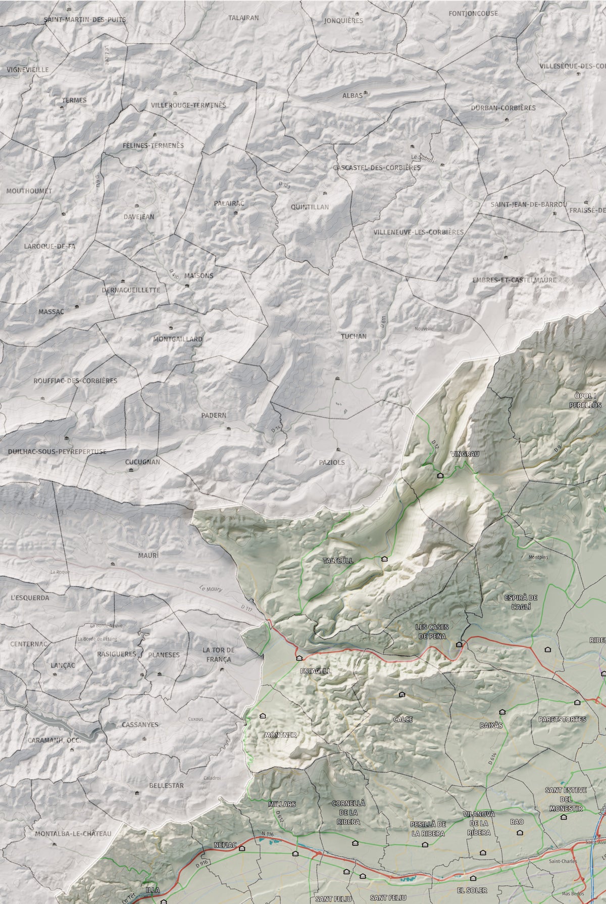 Mapa de relieve del Rosselló, con el territorio en color y el entorno en blanco. Detalle de la zona superior izquierda. 61 × 91 cm. Estilo Cartográfico.