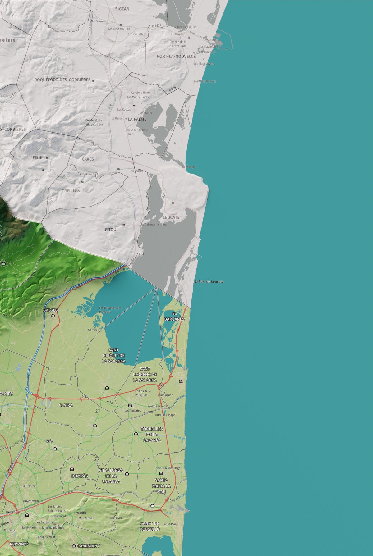 Mapa de relieve del Rosselló, con el territorio en color y el entorno en blanco. Detalle de la zona superior derecha. 61 × 91 cm. Estilo Clásico.