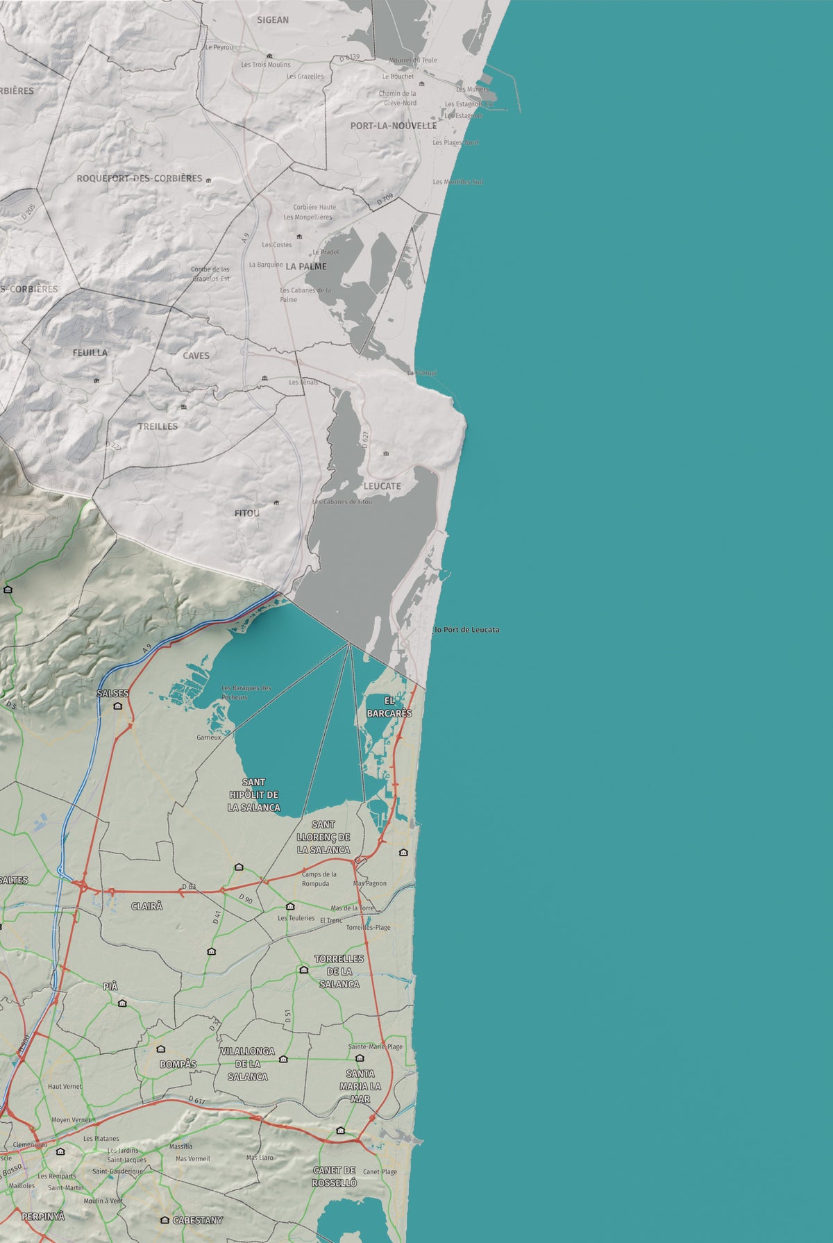 Mapa de relieve del Rosselló, con el territorio en color y el entorno en blanco. Detalle de la zona superior derecha. 61 × 91 cm. Estilo Cartográfico.